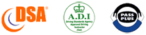 Three logos, Driving Standards Agency logo, ADI logo and Pass Plus logo
